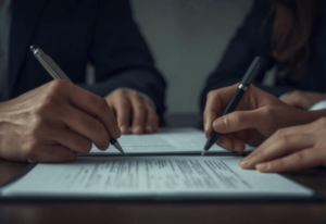 Two people signing legal documents for a complex marital estate divorce in Arizona